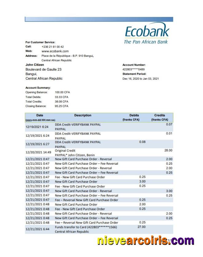 Central African Republic Ecobank bank statement easy to fill in .xls and .pdf file format (AutoSum)